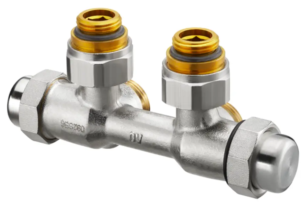 Oventrop Anschlussarmatur mit zwei seitlichen Anschlüssen, gefertigt aus Metall, zur Verbindung von Rohren in sanitären Anlagen. Ecken-Design, solide Bauweise.